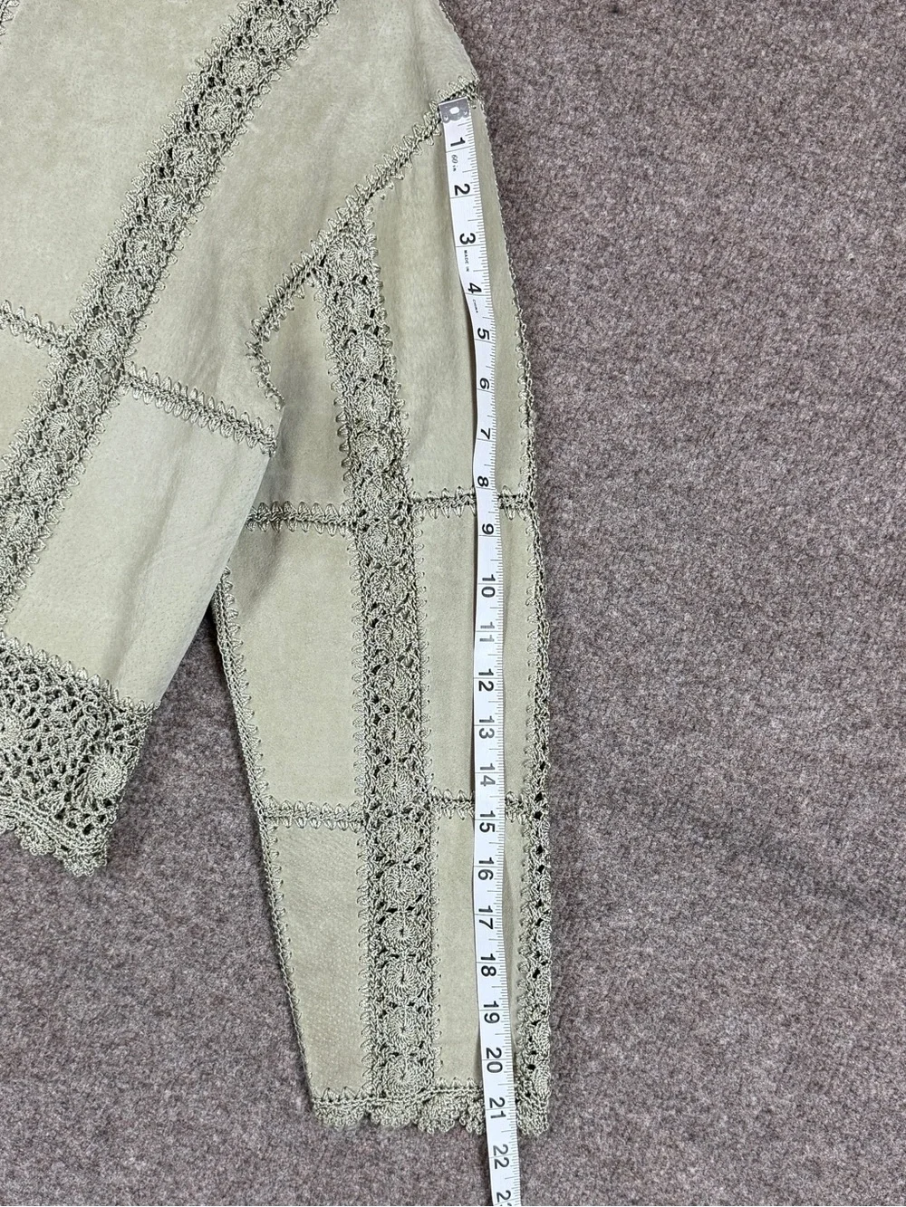 Vintage Sage Green Suede Leather Patchwork Crochet Cardigan Jacket Women’s Large